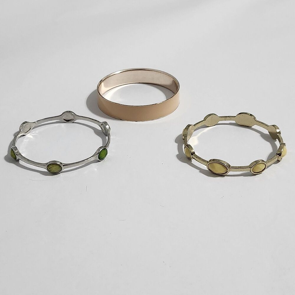 Lot Of 3 Bracelets Acrylic Green Yellow Bangles Silver Gold Tone Beige Enamel
